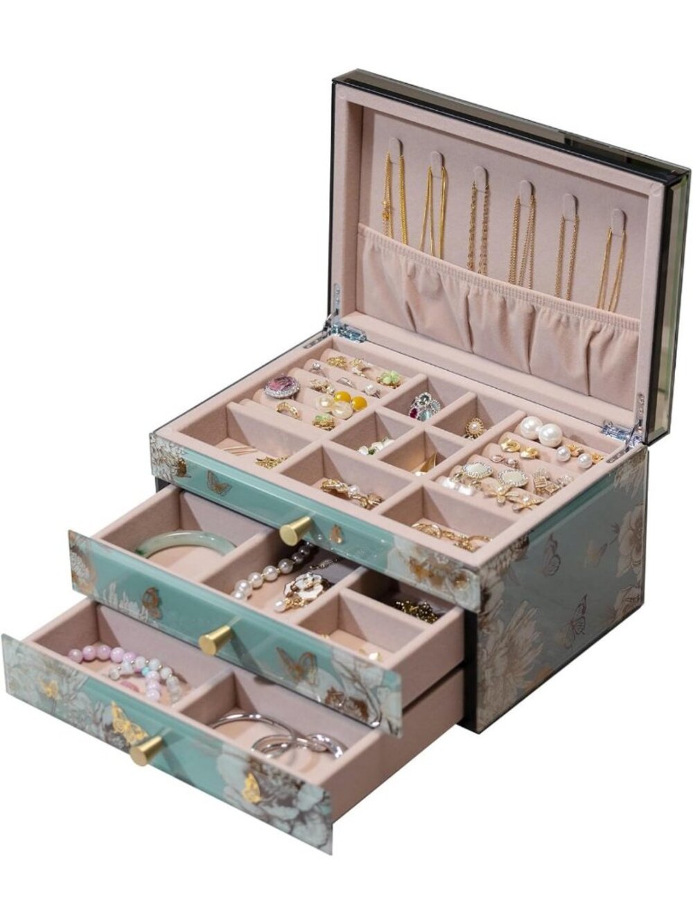 Elegant Butterfly Floral Glass Jewelry Box - 3 Layer Organizer for Women